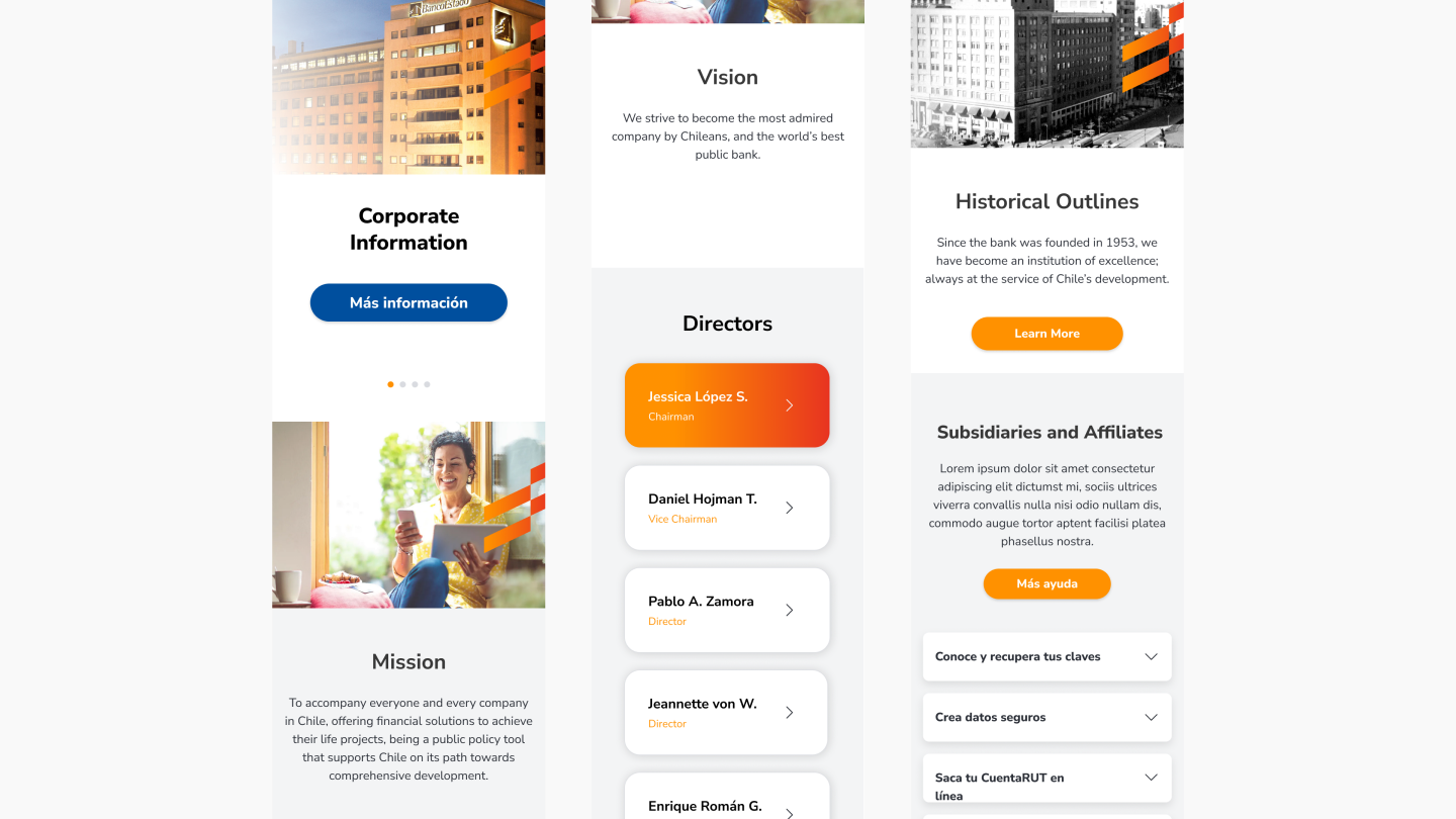 Prototipo desktop del sitio corporativo BancoEstado: Directorio, Historia, Misión y Visión