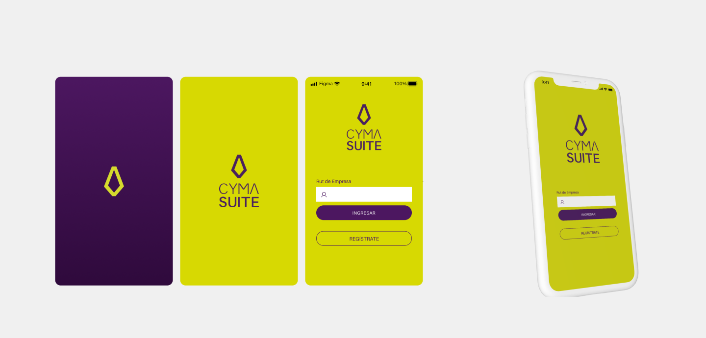 Aplicación de la marca CymaSuite en tarjetas y mockup de app móvil