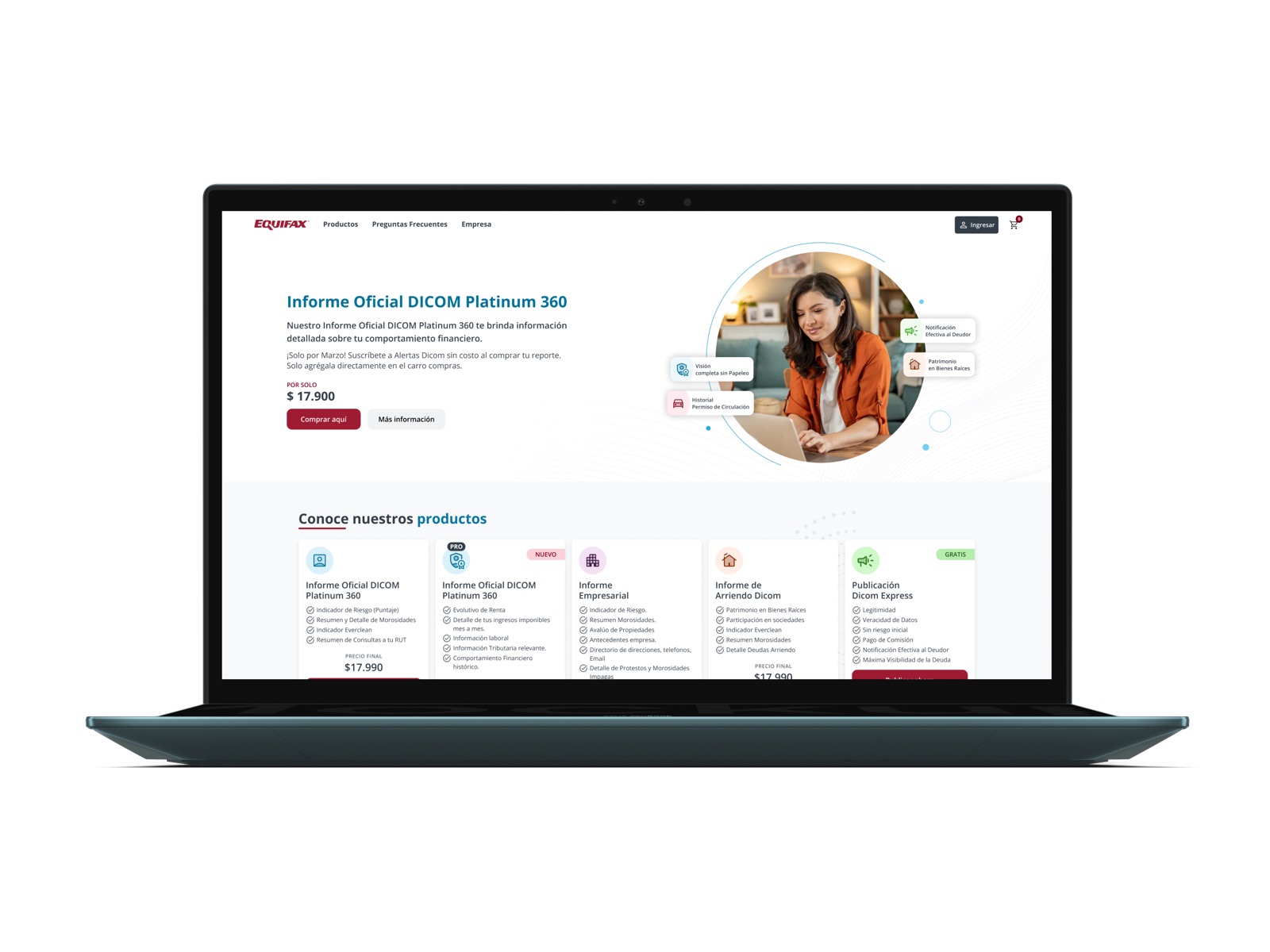 Plataforma de e-commerce Equifax en vista desktop