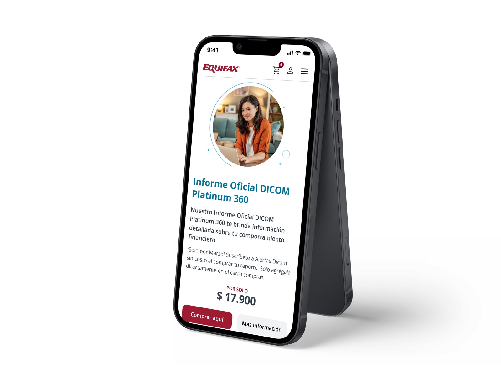 Plataforma de e-commerce Equifax en vista mobile