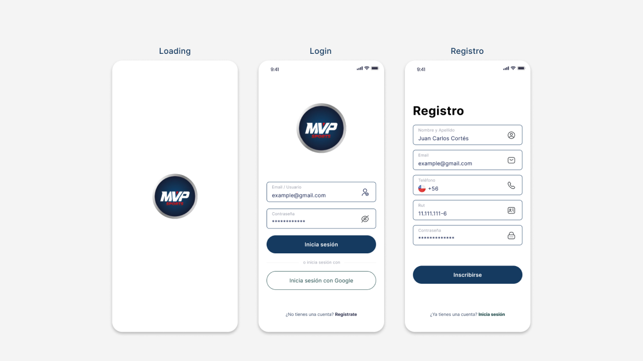 Pantallas de Login, Registro y Onboarding de la app MVPSport
